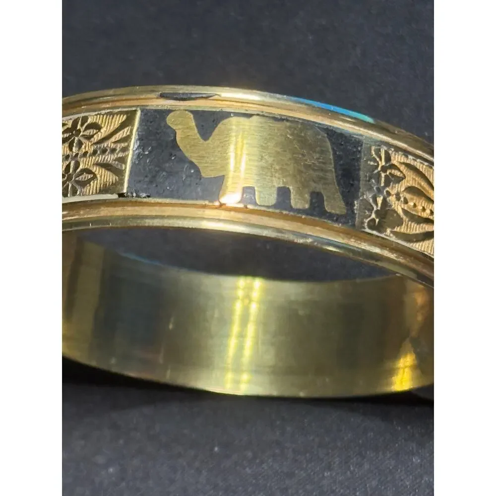 Vintage Etched Brass Bangle w/ Elephants and Mother of Pearl
